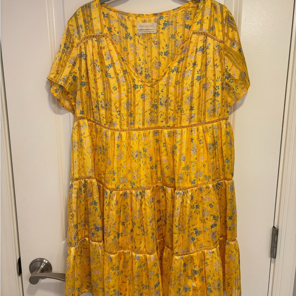 Urban Outfitters Pippa Yellow Floral Chiffon Tiered Mini Dress (S)